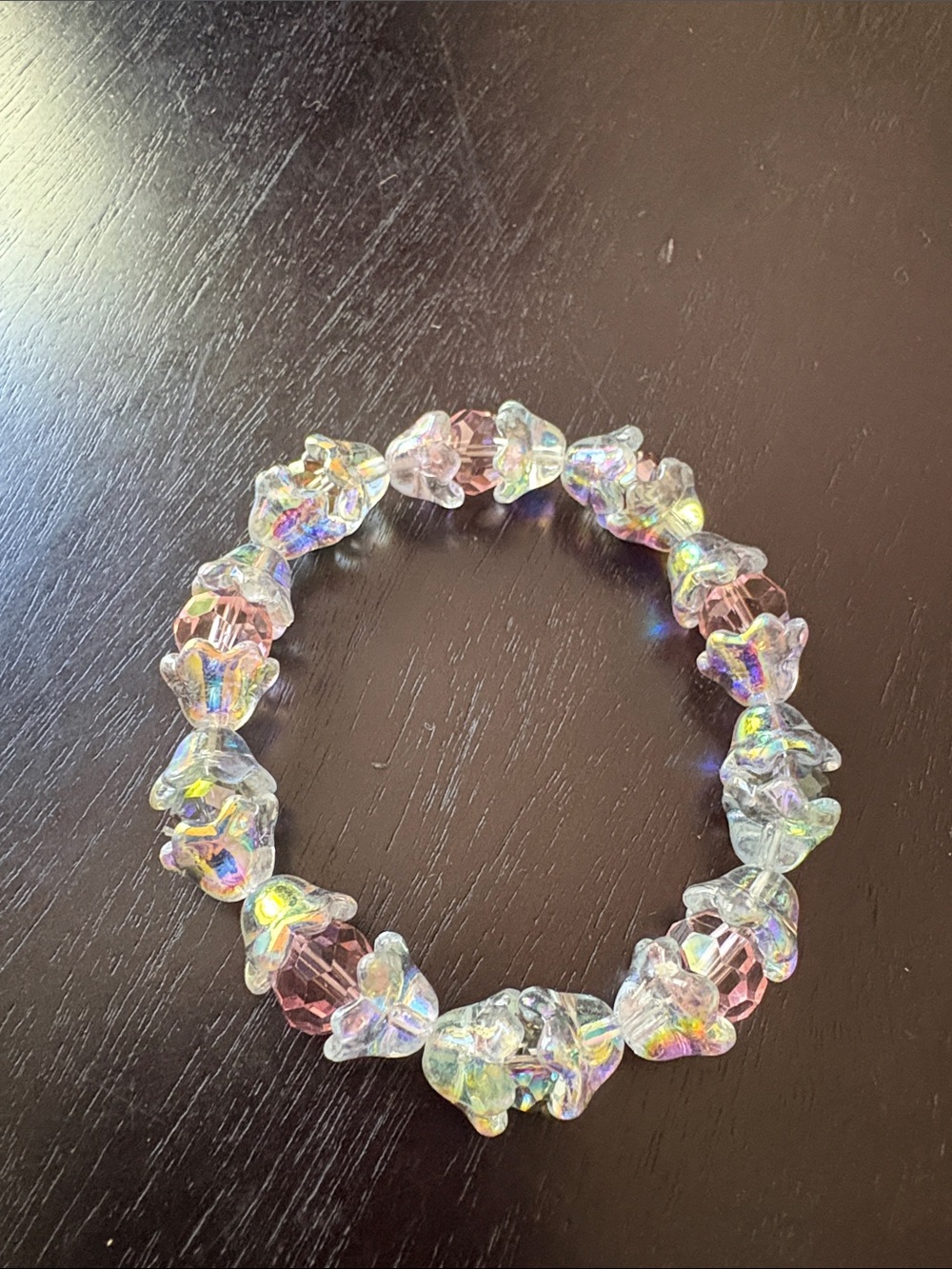Iridescent glass Flower round glass faceted Bead Stretch Bracelet - Pink & Clear